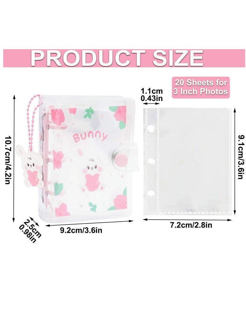 SYOSI 20 Sheets 40 Pockets 3 Inch Mini Photo Album in Loose Leaf Refillable 3-Rings Transparent Photocard Binder Kpop Photocard Holder Book with  Pendant for Picture Cards Storage Pink Rabbit - Image 4