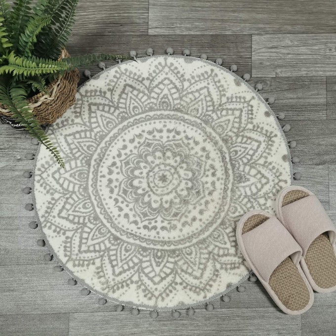 SMALL ROUND RUG 2 BOHO BEIGE AND GREY BATHROOM RUG WITH POM POMS FRINGE WASHABLE MANDALA CIRCLE SHOWER MAT SOFT NONSLIP CUTE CIRCULAR THROW RUG FOR SINK POWDER ROOM KIDS ROOM NURSERY
