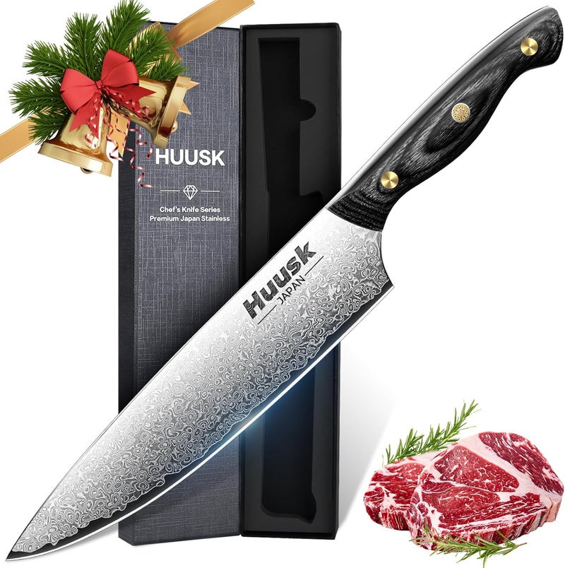 Huusk Damascus Chef Knife 8 Inch, VG10 Kitchen Knives, Sharp Cooking Knife With Ergonomic Wooden Handle For Vegetable Fruit And Meat Cutting, Christmas Gift for Men and Women - Image 1