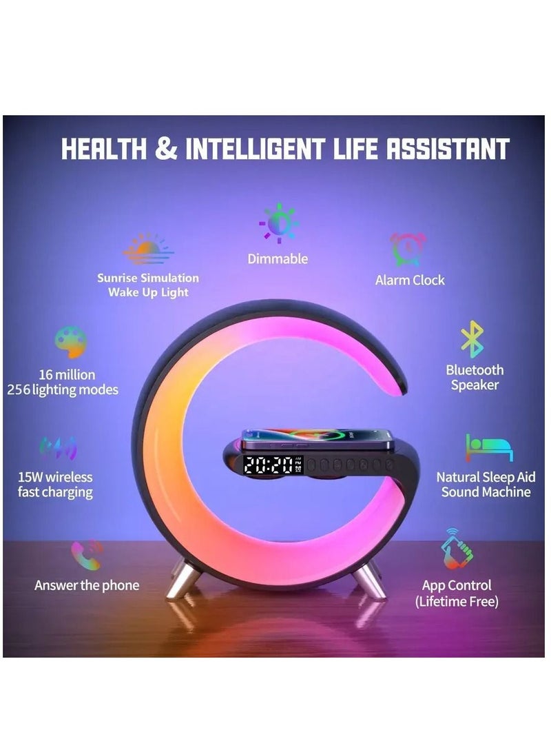 لايت ساعة منبه بإضاءة LED بمصباح طاولة ذكي مع مكبر صوت بلوتوث التحكم في تطبيق الشحن اللاسلكي السريع - Image 2