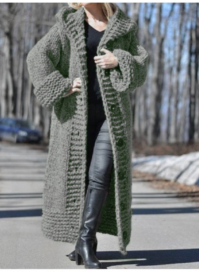 NIBEMINENT Women Hooded Knit Sweater Thick Coat Button Long Jumpers Solid Elegant Loose Coats Jumpers Casual Lady Winter - Image 1