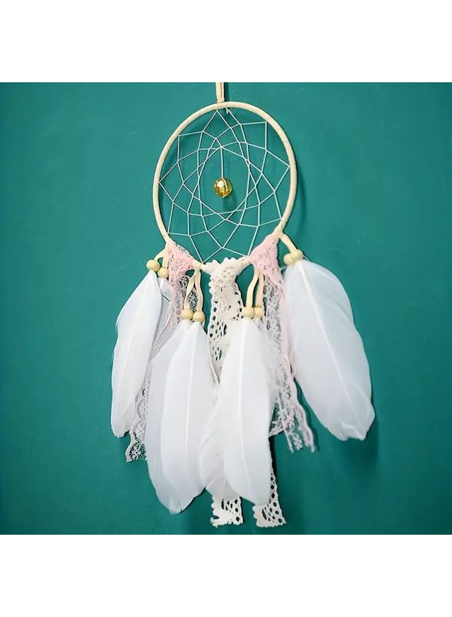 1pc Handcrafted White Feather Dream Catcher Pink Lace Detailing Vintage Inspired Wall Hanging Decor For Girls Bedroom Model A - Image 1