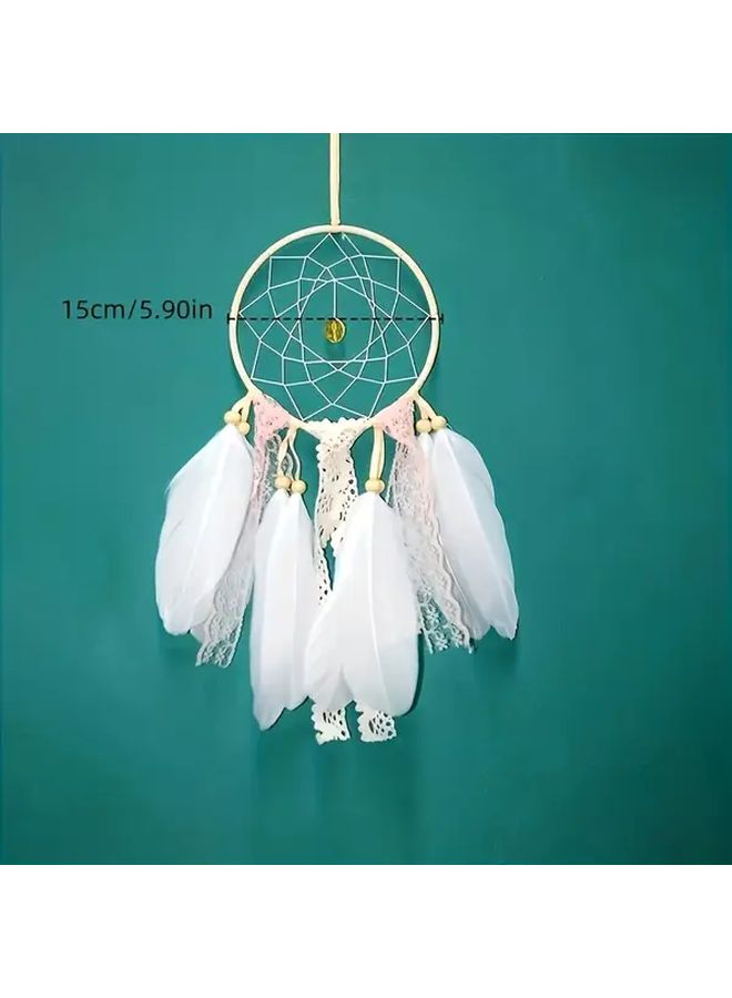 1pc Handcrafted White Feather Dream Catcher Pink Lace Detailing Vintage Inspired Wall Hanging Decor For Girls Bedroom Model A - Image 3