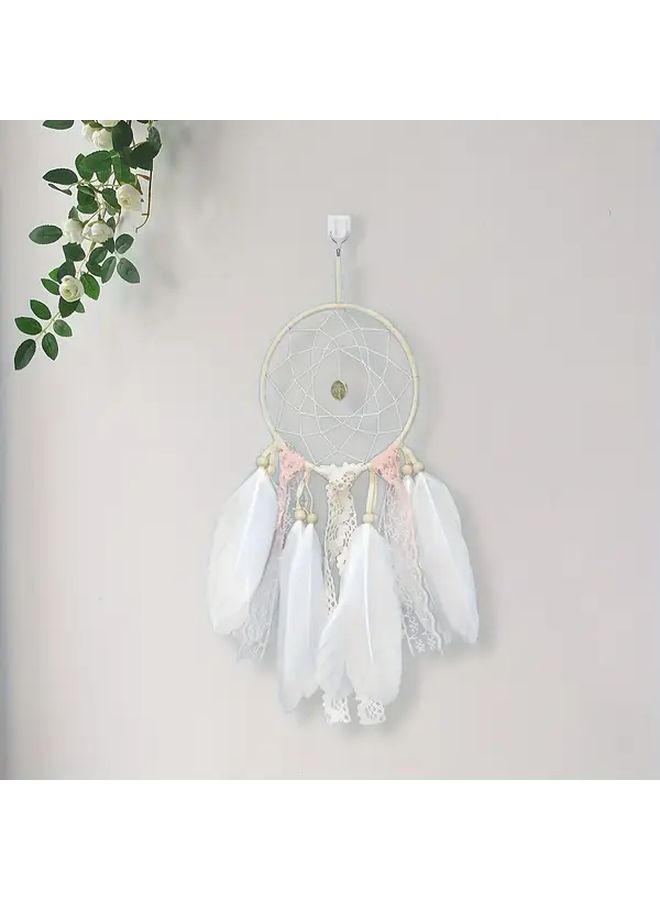 1pc Handcrafted White Feather Dream Catcher Pink Lace Detailing Vintage Inspired Wall Hanging Decor For Girls Bedroom Model A - Image 4