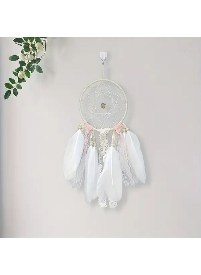 1pc Handcrafted White Feather Dream Catcher Pink Lace Detailing Vintage Inspired Wall Hanging Decor For Girls Bedroom Model A - Image 2