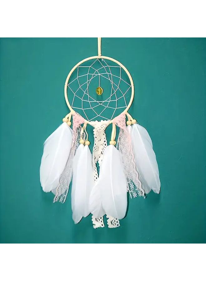 1pc Handcrafted White Feather Dream Catcher Pink Lace Detailing Vintage Inspired Wall Hanging Decor For Girls Bedroom Model A - Image 5