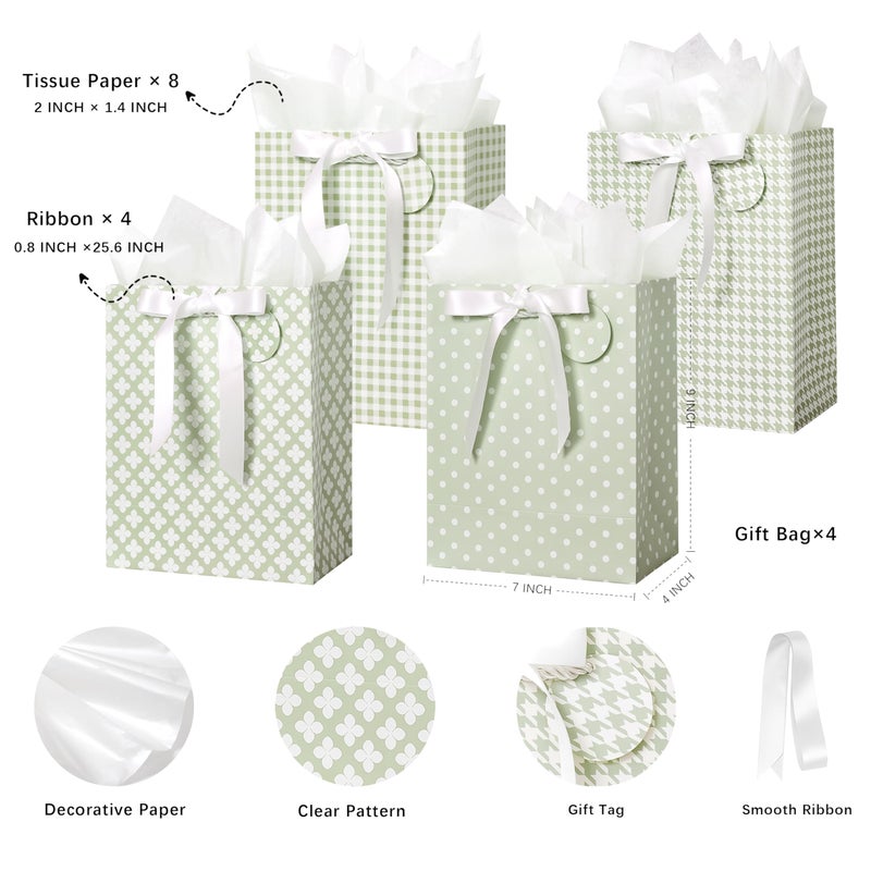 Crisky Sage Green Gift Bags Medium Size with Handles, Tissue Paper & Ribbon - 4 Pack 9"- Medium Gift Bags for Women Birthday Christmas Wedding Bridal Shower Graduation & New Year Gifts - Image 2