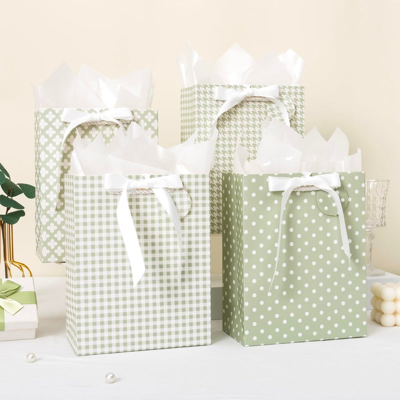Crisky Sage Green Gift Bags Medium Size with Handles, Tissue Paper & Ribbon - 4 Pack 9"- Medium Gift Bags for Women Birthday Christmas Wedding Bridal Shower Graduation & New Year Gifts - Image 3