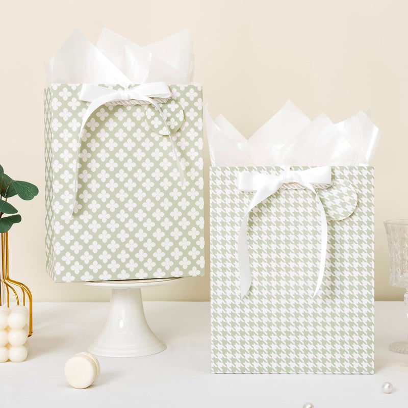 Crisky Sage Green Gift Bags Medium Size with Handles, Tissue Paper & Ribbon - 4 Pack 9"- Medium Gift Bags for Women Birthday Christmas Wedding Bridal Shower Graduation & New Year Gifts - Image 4