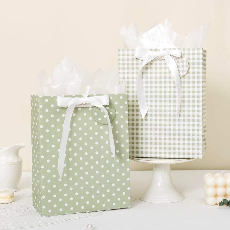Crisky Sage Green Gift Bags Medium Size with Handles, Tissue Paper & Ribbon - 4 Pack 9"- Medium Gift Bags for Women Birthday Christmas Wedding Bridal Shower Graduation & New Year Gifts - Image 5