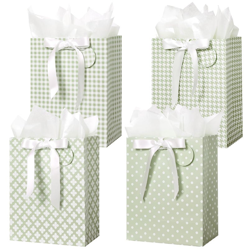 Crisky Sage Green Gift Bags Medium Size with Handles, Tissue Paper & Ribbon - 4 Pack 9"- Medium Gift Bags for Women Birthday Christmas Wedding Bridal Shower Graduation & New Year Gifts - Image 1