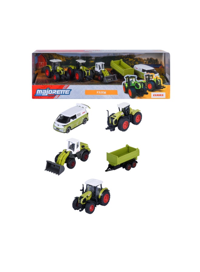 Majorette Claas Farm 5 Pieces Diecast Giftpack, 5 Metal Farm Vehicles, 1:64 Scale Tractor Toy Set with Freewheel, Suspension and Opening Parts, 7.5 cm, Ages 3+ - Image 1