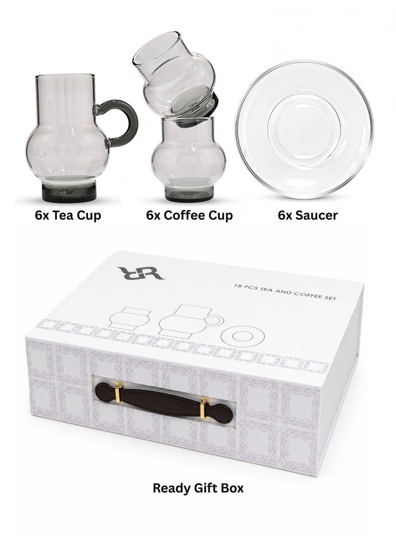 Raz 18 Pieces Tea & Coffee Serving Set – Rounded Glass Design with Colored Base & Clear Saucer - Image 2