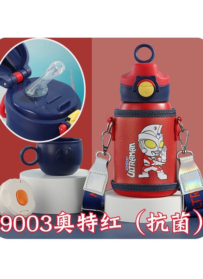 Ultraman childrens thermos cup 316 stainless steel water Cup School cartoon pot kindergarten boy Cup sippy cup Red 9003(316 antibacterial) a cup of three Cover + leather cup cover 