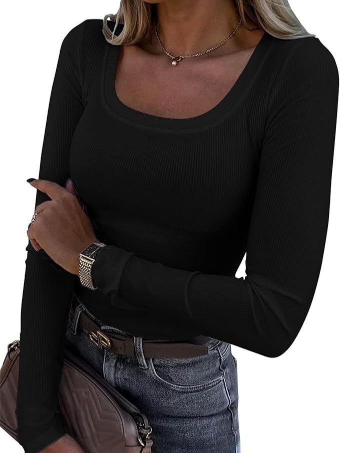 2024 New Explosions Threaded Pit Slim Long Long Sleeve Square Neck T-Shirt Women - Image 5