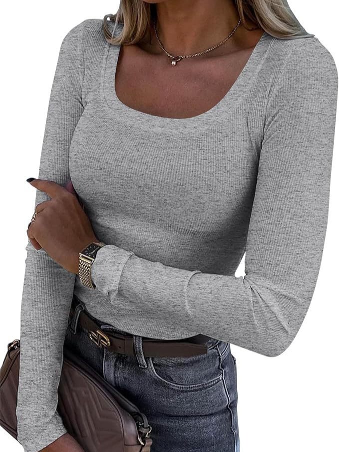 2024 New Explosions Threaded Pit Slim Long Long Sleeve Square Neck T-Shirt Women - Image 2