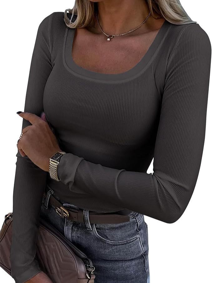 2024 New Explosions Threaded Pit Slim Long Long Sleeve Square Neck T-Shirt Women - Image 3