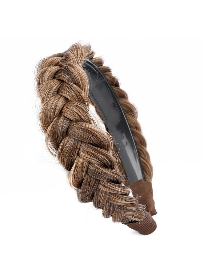 BOBIYA Wide Chunky Plaited Braided Headband Hair Band Synthetic Braid Hairpieces with Teeth Piano Two Tone Colors Accessories for Women Girl (W-Claybank) - Image 2