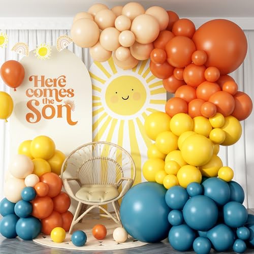 Paeyeq Here Comes the Son Balloon Arch Kit 128pcs Retro Blue and Yellow Balloons Garland kit Slate Blue and Beige Balloon for kids Baby Shower Gender Reveal Birthday Boho Anniversary Party Decoration - Image 1