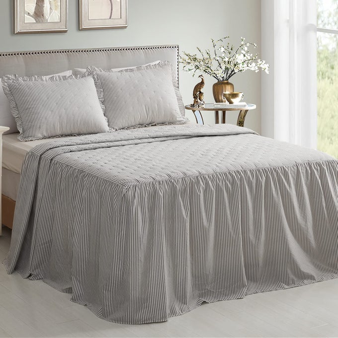 TICKING STRIPE RUFFLE SKIRT BEDSPREAD QUEEN SIZE 30 LONG DROP SHABBY CHIC STYLE LIGHTWEIGHT BEDDING COVER 3 PIECE SET LIGHT GREY