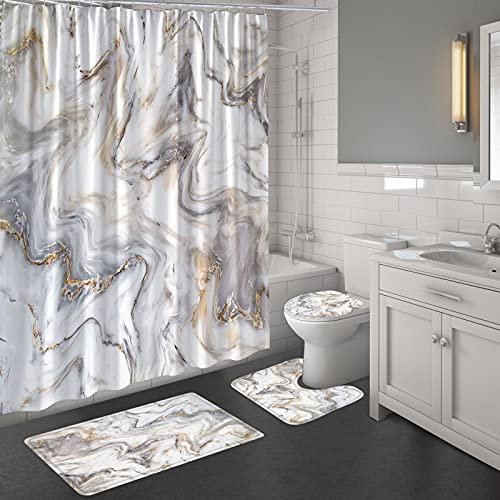 MitoVilla Marble Bathroom Sets with Shower Curtain and Rugs and Accessories, Abstract Grey Gold White, Modern, Gray Bathroom Decor Set - Image 1
