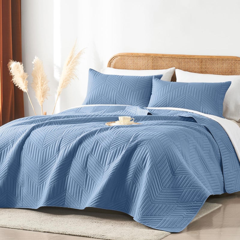 Davulos Twin Quilt Bedding Set,Bluish Grey Ultrasonic Quilt Set Reversible Microfiber Bedspread,Lightweight Soft Modern Geometric Coverlet Set for All Seasons(1 Quilt,1 Pillow Sham) - Image 2
