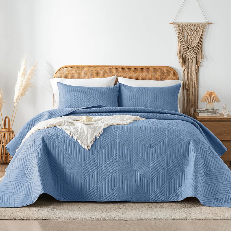 Davulos Twin Quilt Bedding Set,Bluish Grey Ultrasonic Quilt Set Reversible Microfiber Bedspread,Lightweight Soft Modern Geometric Coverlet Set for All Seasons(1 Quilt,1 Pillow Sham) - Image 1