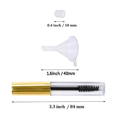 Comicfs 20 Pcs 4ml Transparent Reusable Empty Bottle Tube Container Makeup Vials Cosmetic Tool for Eyelash Growth Oil/Mascara with Rubber Inserts 8 Pcs Funnels (Gold) - Image 3
