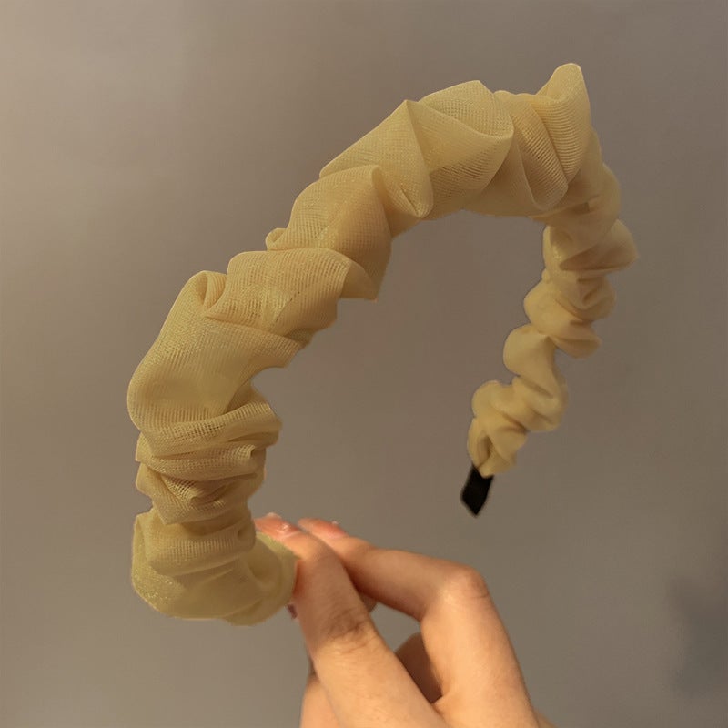 Loquat Korean New Style Mesh Pleated Hair Hoop Solid Color Elegant All-match Outing Organza Pleated Super Fairy Pressure Hair Hoop for Women Curry Ruffled Hair Hoop
