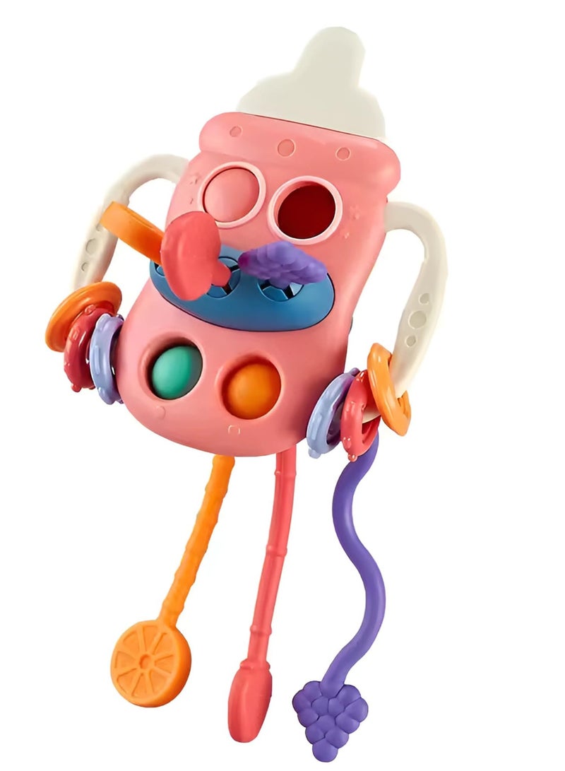 تويسو لعبة عضاضة تويسو على شكل زجاجة من مونتيسوري للأطفال الصغار - نشاط تعليمي حسي مع خيوط سحب وخرز وتروس وملحقات عضاضة، لعبة تنمية مبكرة للأطفال من عمر 3 أشهر فما فوق (وردي) - Image 1