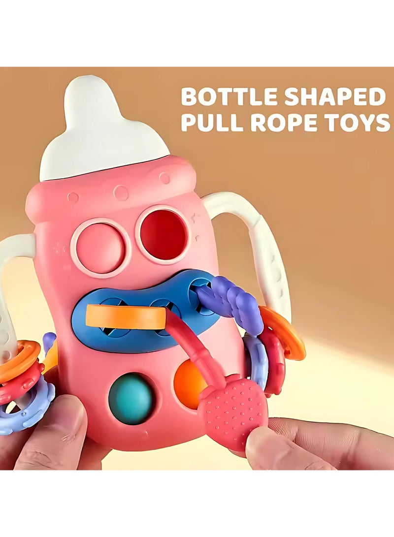 تويسو لعبة عضاضة تويسو على شكل زجاجة من مونتيسوري للأطفال الصغار - نشاط تعليمي حسي مع خيوط سحب وخرز وتروس وملحقات عضاضة، لعبة تنمية مبكرة للأطفال من عمر 3 أشهر فما فوق (وردي) - Image 2