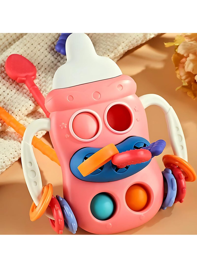 تويسو لعبة عضاضة تويسو على شكل زجاجة من مونتيسوري للأطفال الصغار - نشاط تعليمي حسي مع خيوط سحب وخرز وتروس وملحقات عضاضة، لعبة تنمية مبكرة للأطفال من عمر 3 أشهر فما فوق (وردي) - Image 5