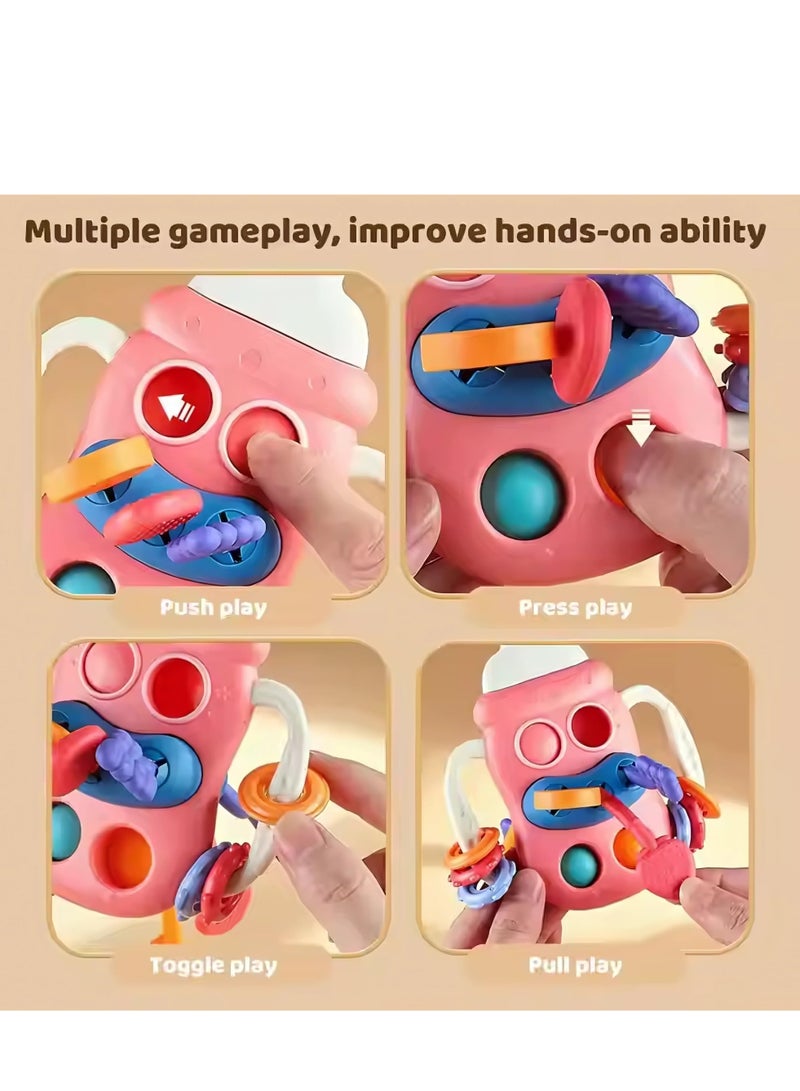 تويسو لعبة عضاضة تويسو على شكل زجاجة من مونتيسوري للأطفال الصغار - نشاط تعليمي حسي مع خيوط سحب وخرز وتروس وملحقات عضاضة، لعبة تنمية مبكرة للأطفال من عمر 3 أشهر فما فوق (وردي) - Image 3