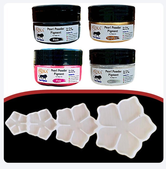 PACK OF 4 PEARL PIGMENT SET WHITE PINK SPECIAL GOLD BLACK 20G EACH FREE 3D FLOWER SILICONE MOLD RESIN ART NONTOXIC MADE IN INDIA EASY TO USE