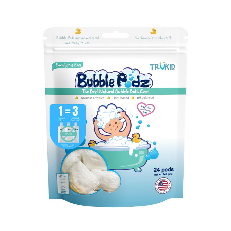 TruKid Bubble Podz Bubble Bath for Baby & Kids, Gentle Refreshing Bath Bomb for Sensitive Skin, pH Balance 7 for Eye Sensitivity, Natural Moisturizers and Ingredients, Eucalyptus (24 Podz) - Image 1