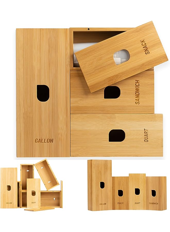 Bag Organizer for drawer-Set of 4 bamboo containers for ziplock or plastic bags, with closable lid-Suitable for Gallon,Quart,Snack,Sandwich Storage Bags Compatible with most storage bag brands - Image 1