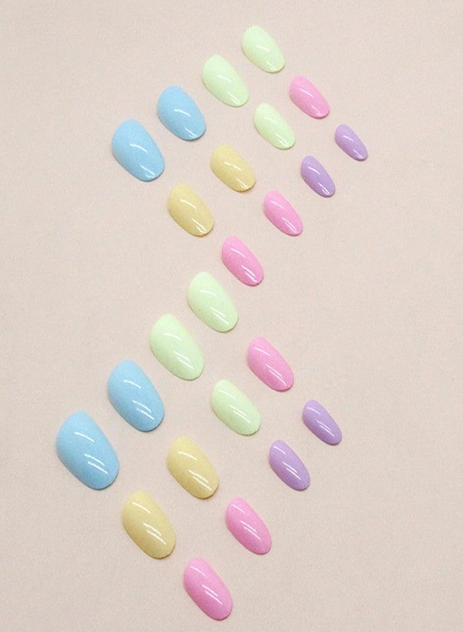 WAFOLOZE Easter Nails 24Pcs - Spring Press on Nails Short Length, Cute Multi-Color Glossy Acrylic Designs, Artificial Fake Stick on Nails for Women - Image 3