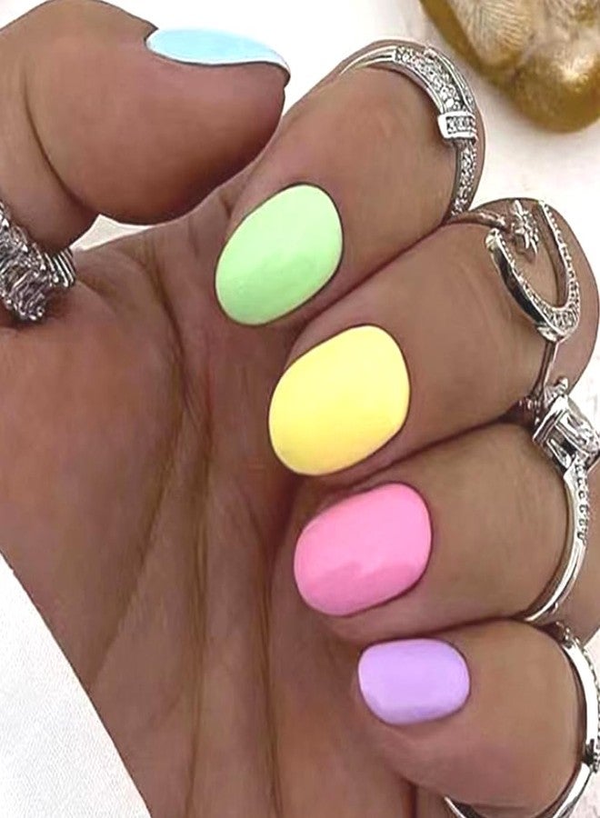 WAFOLOZE Easter Nails 24Pcs - Spring Press on Nails Short Length, Cute Multi-Color Glossy Acrylic Designs, Artificial Fake Stick on Nails for Women - Image 1