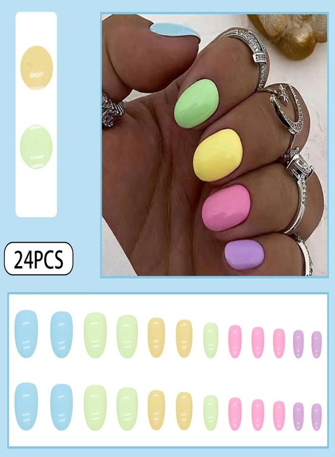 WAFOLOZE Easter Nails 24Pcs - Spring Press on Nails Short Length, Cute Multi-Color Glossy Acrylic Designs, Artificial Fake Stick on Nails for Women - Image 2