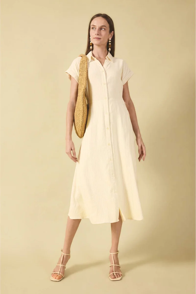 ديفاكتو Regular Fit Shirt Collar Linen Blended Batwing Dress
