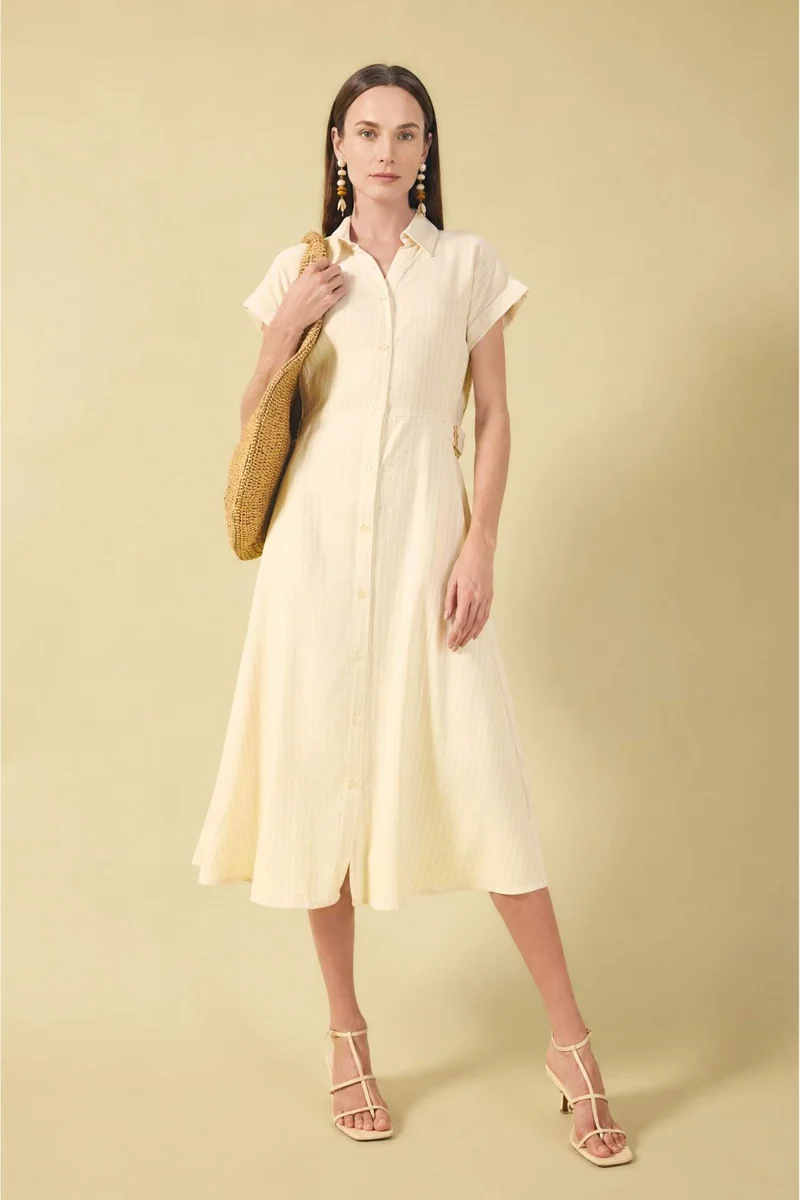 ديفاكتو Regular Fit Shirt Collar Linen Blended Batwing Dress