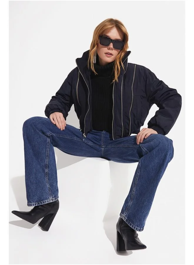 JUNE June Zipper Detailed Coat Navy