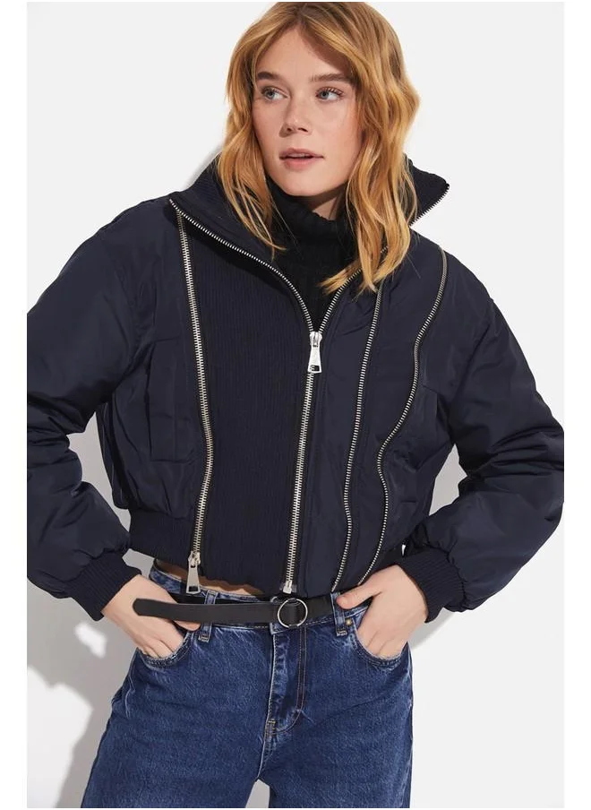 JUNE June Zipper Detailed Coat Navy