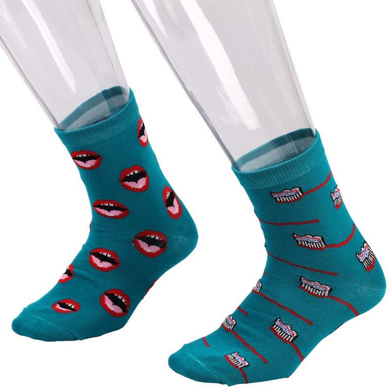 Winter Autumn High Ankle Socks In Tube Sock Cotton Teeth and Toothbrush Women Men Socks (Green) - Image 4