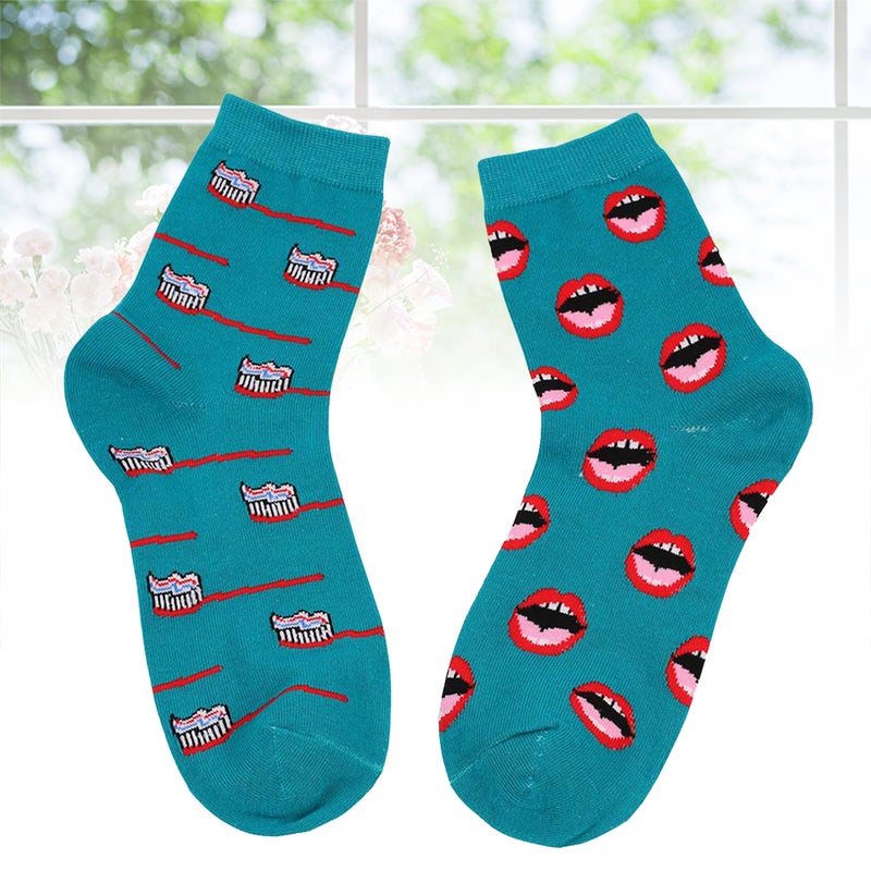 Winter Autumn High Ankle Socks In Tube Sock Cotton Teeth and Toothbrush Women Men Socks (Green) - Image 3