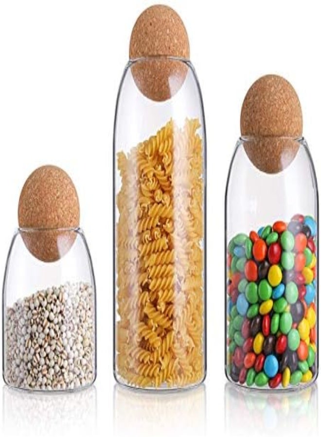 AKDC Suwimut 3 Pack Glass Storage Jar With Ball Cork Lid, Clear Glass Canisters With Cork Ball, Cute Decorative Round Glass Bottles With Airtight Wooden Lid For Spice, Sugar, Salt, Tea, Nuts, Coffee Beans - Image 1