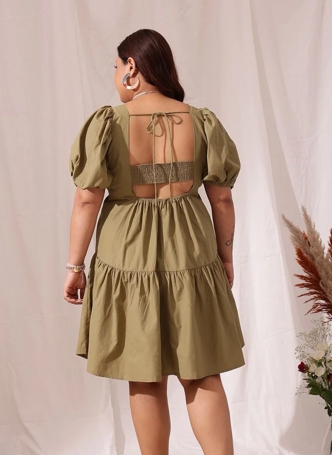 CURVY STREET Khaki Puff Sleeve A-Line Dress for Women