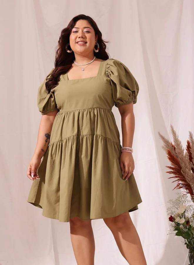 CURVY STREET Khaki Puff Sleeve A-Line Dress for Women
