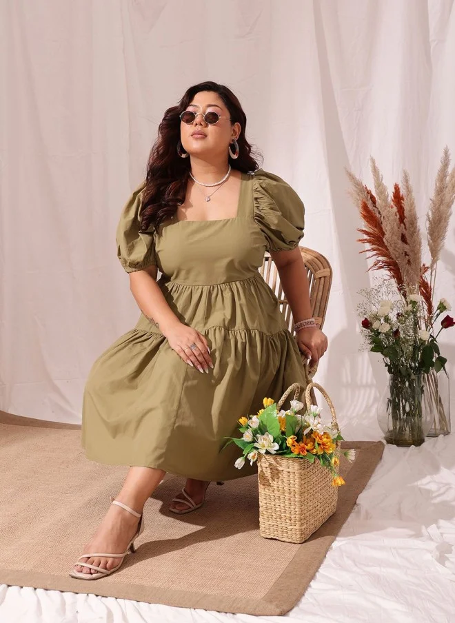 CURVY STREET Khaki Puff Sleeve A-Line Dress for Women