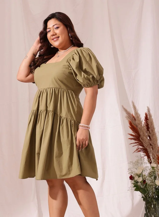 CURVY STREET Khaki Puff Sleeve A-Line Dress for Women